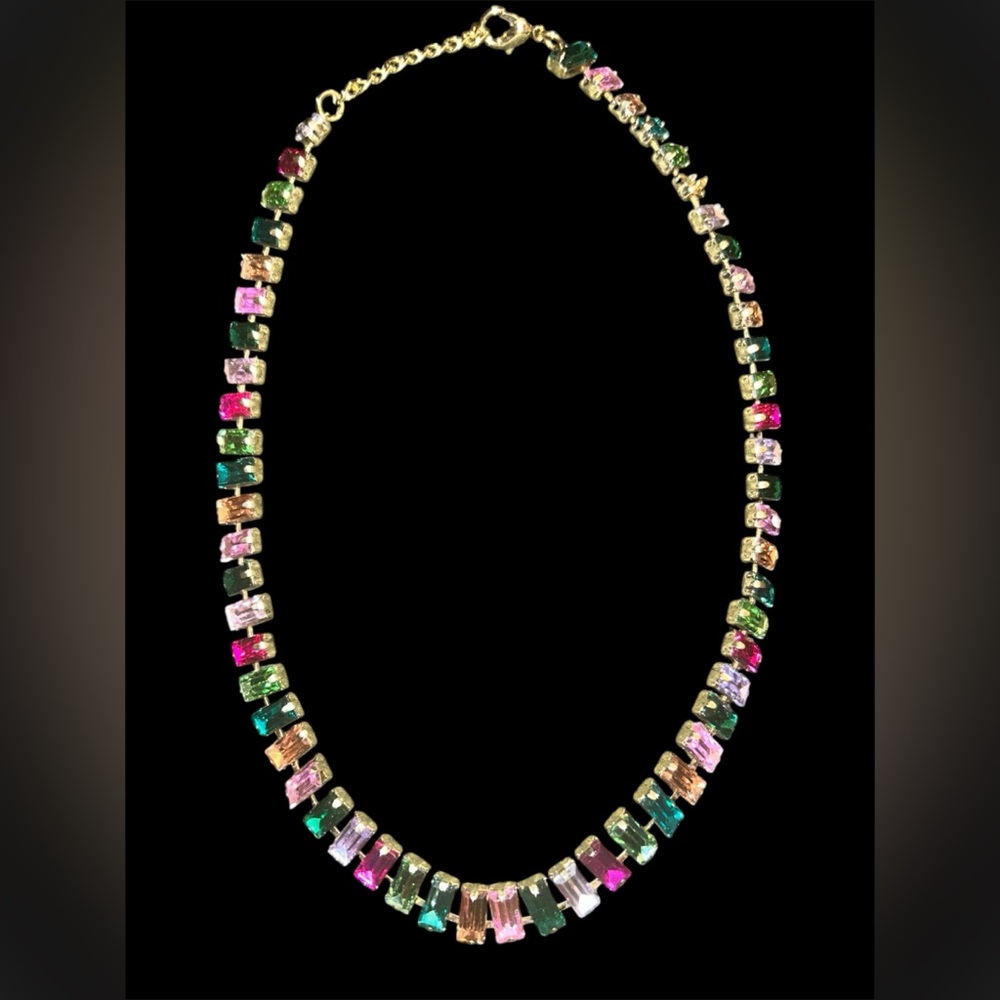 New Rainbow Baguette Crystal Tennis Necklace – Gold Tone – Multi-Color Statement